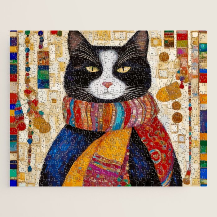 Gustav Klimt Style Tuxedo Cat with Colorful Scarf Jigsaw Puzzle Gallery Image 1