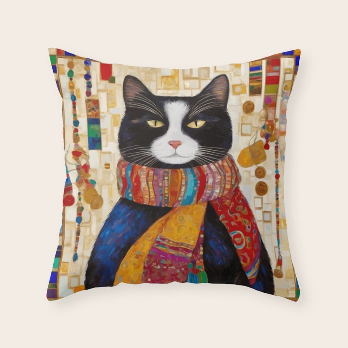 Gustav Klimt Style Tuxedo Cat with Colorful Scarf Throw Pillow Gallery Image 6