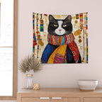 Gustav Klimt Style Tuxedo Cat with Colorful Scarf Wall Tapestry Gallery Image 2