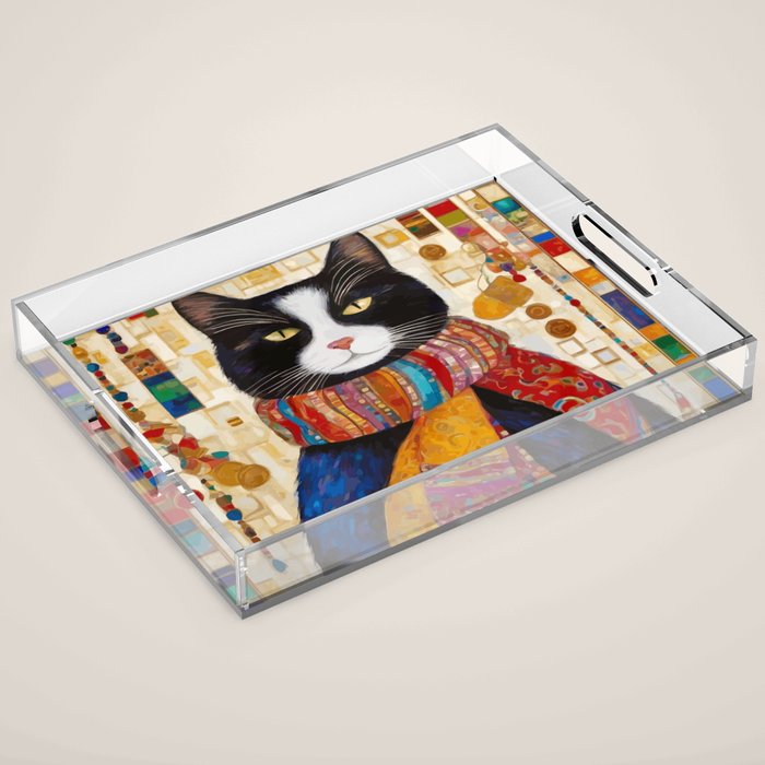 Gustav Klimt Style Tuxedo Cat with Colorful Scarf Acrylic Tray Gallery Image 1