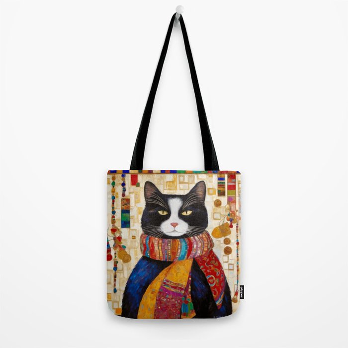 Gustav Klimt Style Tuxedo Cat with Colorful Scarf Tote Bag Gallery Image 2