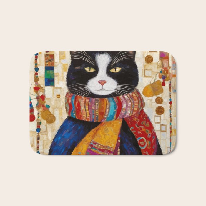 Gustav Klimt Style Tuxedo Cat with Colorful Scarf Bath Mat Gallery Image 1