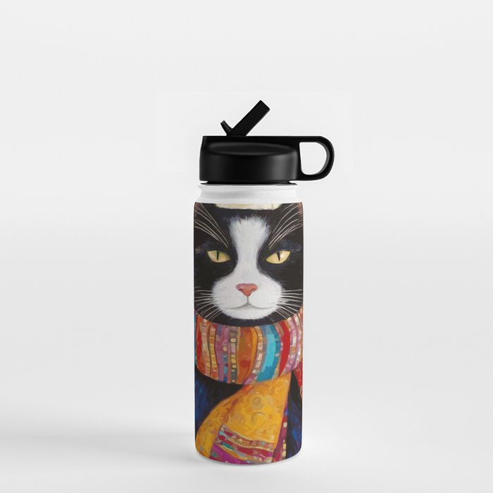 Gustav Klimt Style Tuxedo Cat with Colorful Scarf Water Bottle Gallery Image 1