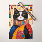 Gustav Klimt Style Tuxedo Cat with Colorful Scarf Wrapping Paper Gallery Image 1