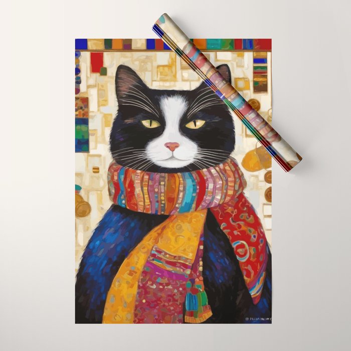 Gustav Klimt Style Tuxedo Cat with Colorful Scarf Wrapping Paper Gallery Image 1