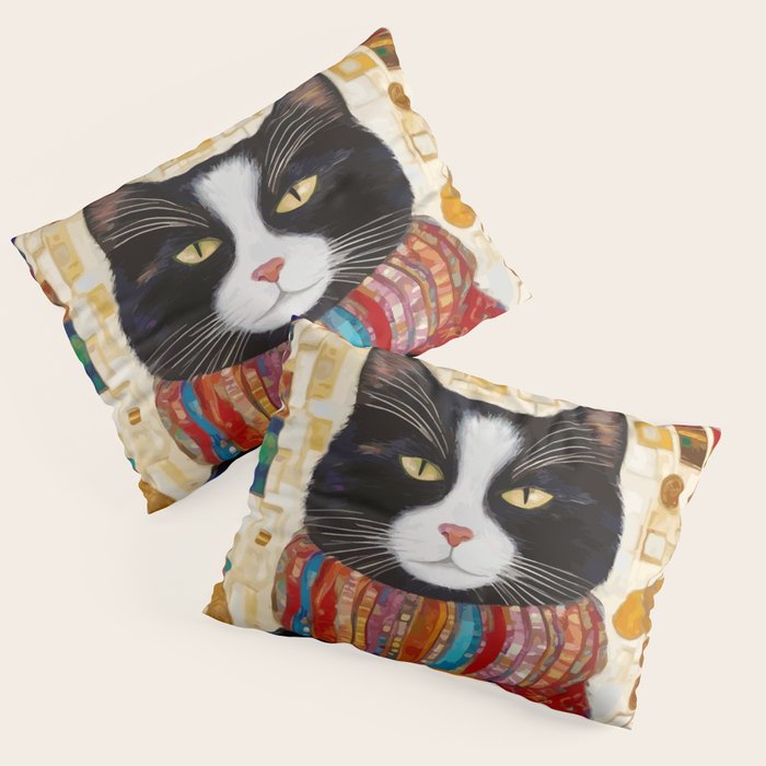 Gustav Klimt Style Tuxedo Cat with Colorful Scarf Pillow Sham Gallery Image 3