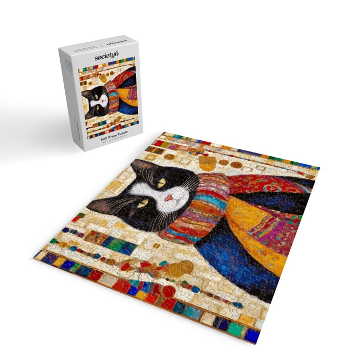 Gustav Klimt Style Tuxedo Cat with Colorful Scarf Jigsaw Puzzle Gallery Image 2