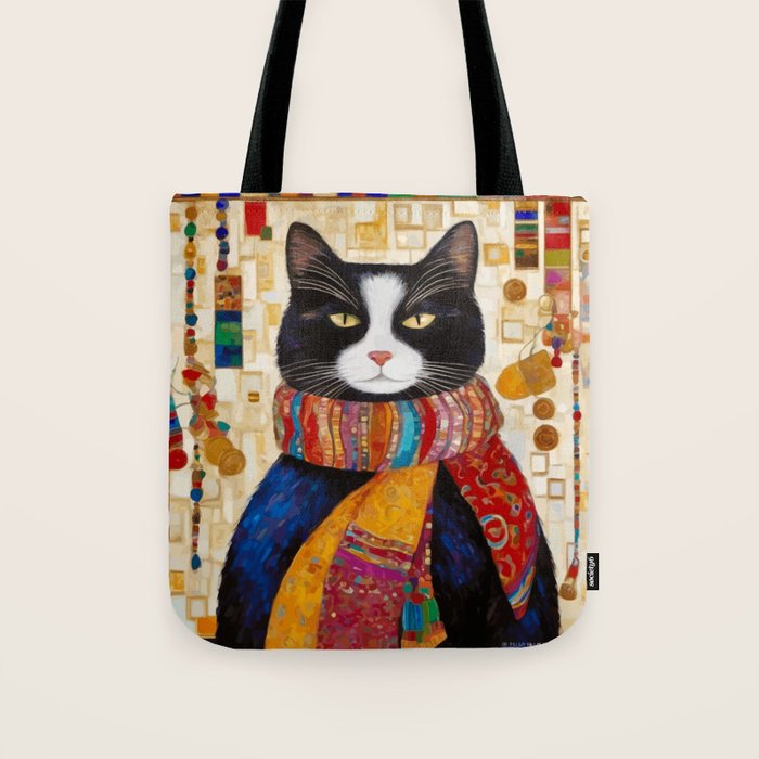 Gustav Klimt Style Tuxedo Cat with Colorful Scarf Tote Bag Gallery Image 1
