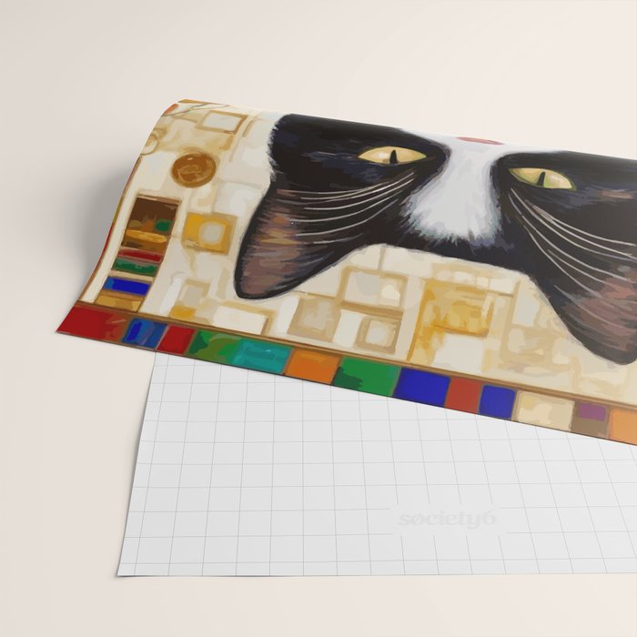 Gustav Klimt Style Tuxedo Cat with Colorful Scarf Wrapping Paper Gallery Image 2