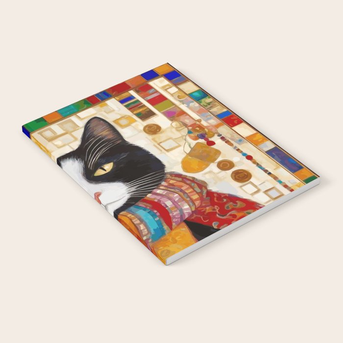 Gustav Klimt Style Tuxedo Cat with Colorful Scarf Notebook Gallery Image 2