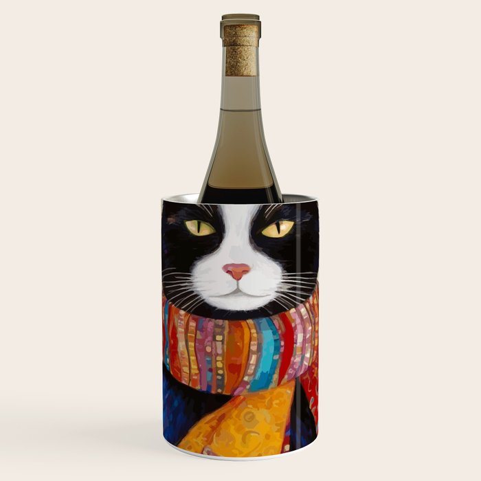 Gustav Klimt Style Tuxedo Cat with Colorful Scarf Wine Chiller Gallery Image 1