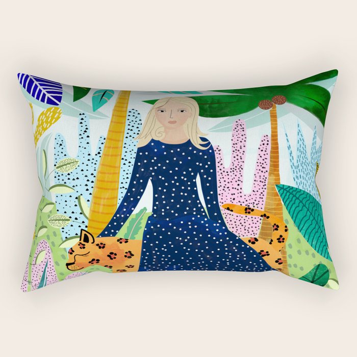 African Safari, Colorful Tropical Jungle Travel, Botanical Watercolor, Blonde Woman with a Leopard Rectangular Pillow Gallery Image 1