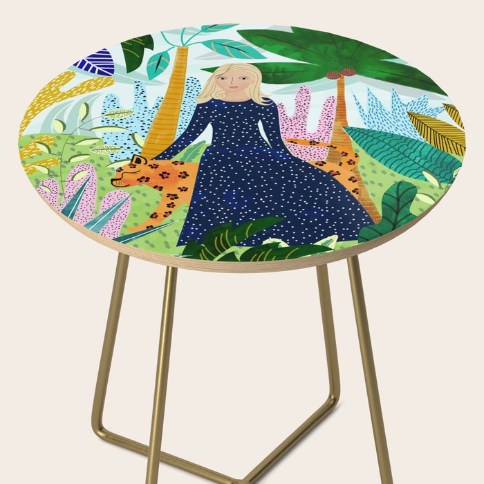 African Safari, Colorful Tropical Jungle Travel, Botanical Watercolor, Blonde Woman with a Leopard Side Table Gallery Image 2