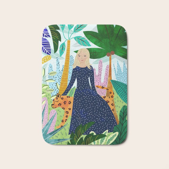 African Safari, Colorful Tropical Jungle Travel, Botanical Watercolor, Blonde Woman with a Leopard Bath Mat Gallery Image 1