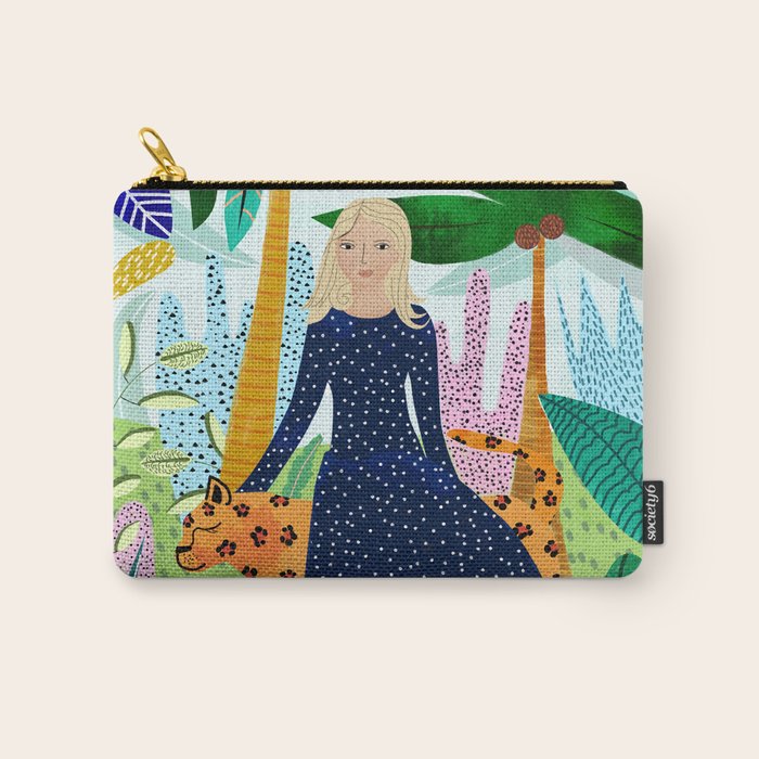 African Safari, Colorful Tropical Jungle Travel, Botanical Watercolor, Blonde Woman with a Leopard Carry All Pouch Gallery Image 1