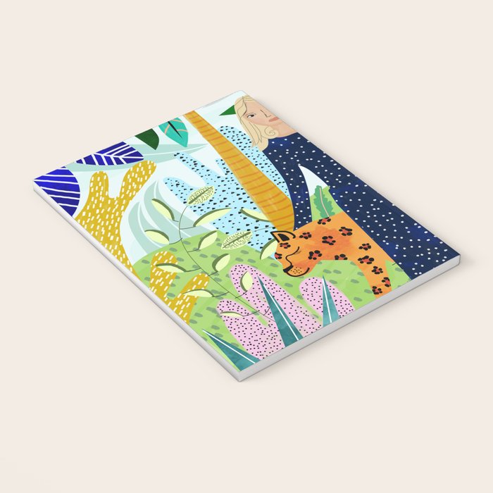 African Safari, Colorful Tropical Jungle Travel, Botanical Watercolor, Blonde Woman with a Leopard Notebook Gallery Image 3