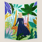African Safari, Colorful Tropical Jungle Travel, Botanical Watercolor, Blonde Woman with a Leopard Wall Tapestry Gallery Image 4