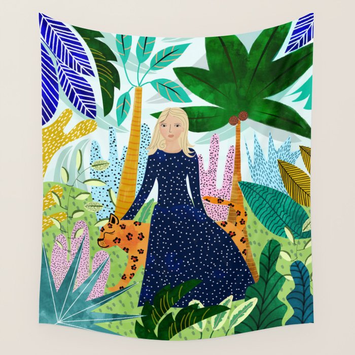 African Safari, Colorful Tropical Jungle Travel, Botanical Watercolor, Blonde Woman with a Leopard Wall Tapestry Gallery Image 4