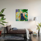 African Safari, Colorful Tropical Jungle Travel, Botanical Watercolor, Blonde Woman with a Leopard Wood Wall Art Gallery Image 2