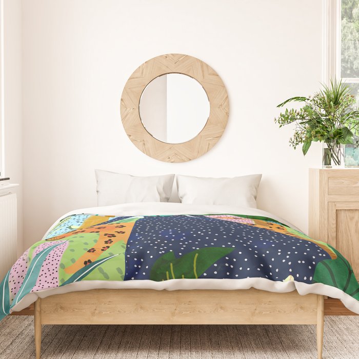 African Safari, Colorful Tropical Jungle Travel, Botanical Watercolor, Blonde Woman with a Leopard Duvet Cover Gallery Image 3
