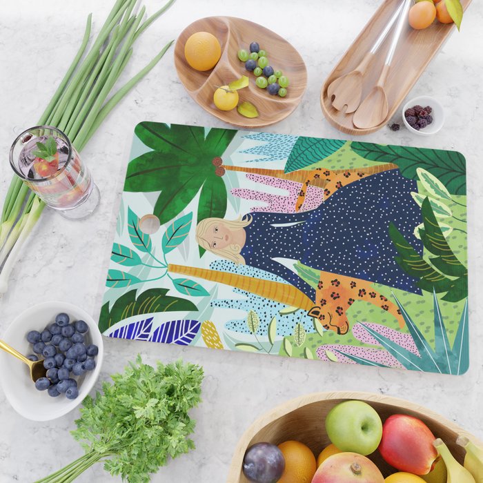 African Safari, Colorful Tropical Jungle Travel, Botanical Watercolor, Blonde Woman with a Leopard Cutting Board Gallery Image 2