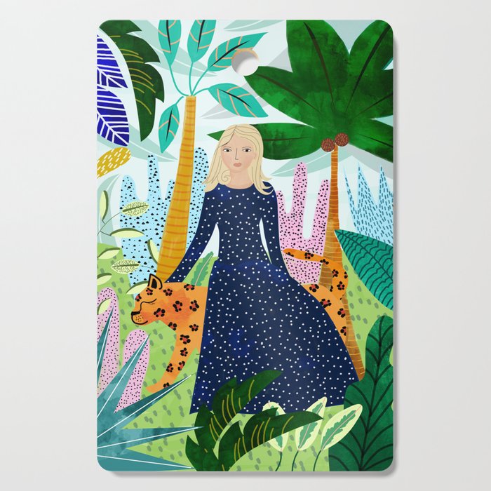 African Safari, Colorful Tropical Jungle Travel, Botanical Watercolor, Blonde Woman with a Leopard Cutting Board Gallery Image 1