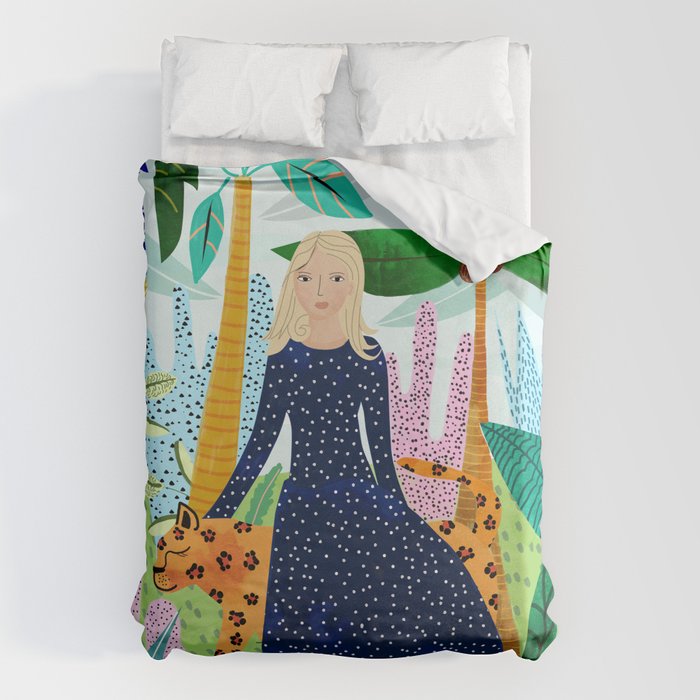 African Safari, Colorful Tropical Jungle Travel, Botanical Watercolor, Blonde Woman with a Leopard Duvet Cover Gallery Image 6