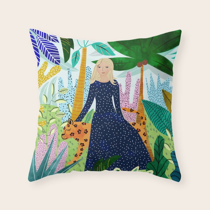 African Safari, Colorful Tropical Jungle Travel, Botanical Watercolor, Blonde Woman with a Leopard Throw Pillow Gallery Image 6
