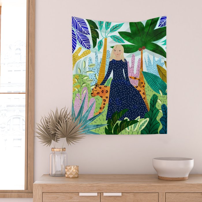 African Safari, Colorful Tropical Jungle Travel, Botanical Watercolor, Blonde Woman with a Leopard Wall Tapestry Gallery Image 2