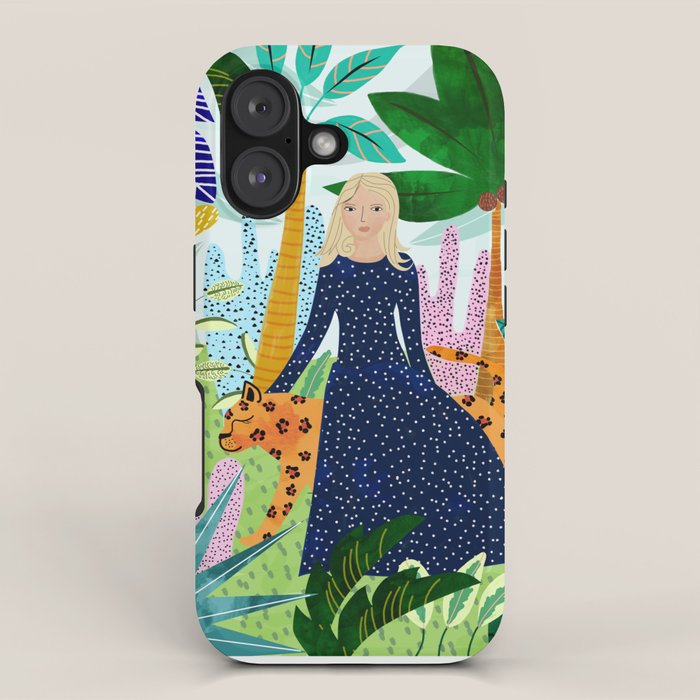 African Safari, Colorful Tropical Jungle Travel, Botanical Watercolor, Blonde Woman with a Leopard iPhone Case Gallery Image 1