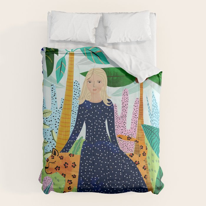 African Safari, Colorful Tropical Jungle Travel, Botanical Watercolor, Blonde Woman with a Leopard Comforter Gallery Image 1