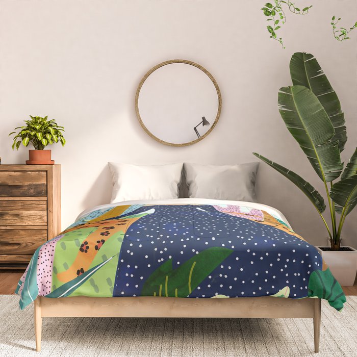 African Safari, Colorful Tropical Jungle Travel, Botanical Watercolor, Blonde Woman with a Leopard Comforter Gallery Image 3