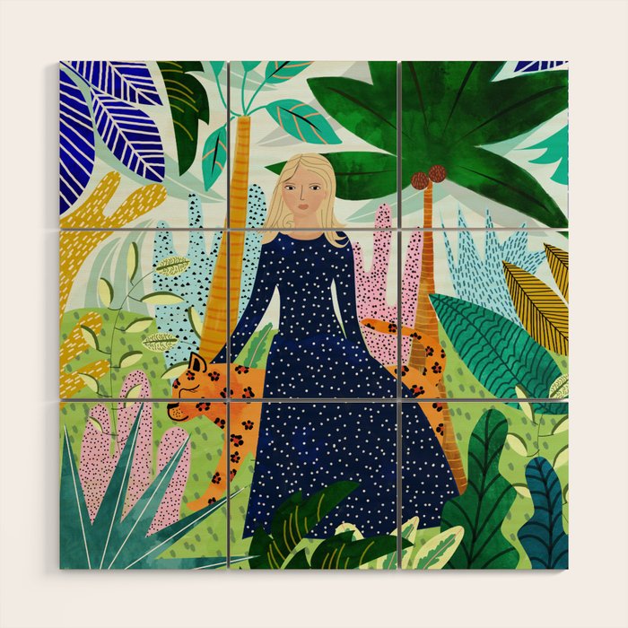 African Safari, Colorful Tropical Jungle Travel, Botanical Watercolor, Blonde Woman with a Leopard Wood Wall Art Gallery Image 1