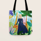 African Safari, Colorful Tropical Jungle Travel, Botanical Watercolor, Blonde Woman with a Leopard Tote Bag Gallery Image 1