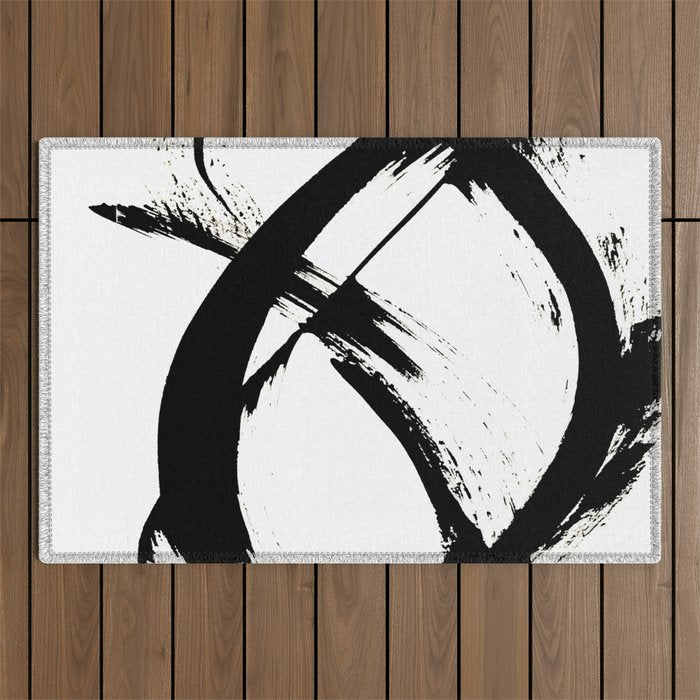 Brushstroke 7: a minimal, abstract, black and white piece Outdoor Rug Gallery Image 1