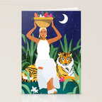 Tiger Camping, Wildlife Wild Jungle Illustration, Modern Bohemian Black Woman, Starry Night Moon Stationery Card Gallery Image 2
