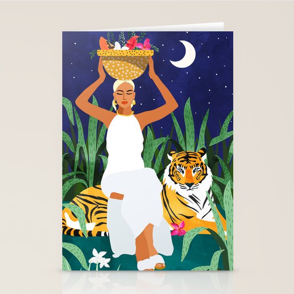 Tiger Camping, Wildlife Wild Jungle Illustration, Modern Bohemian Black Woman, Starry Night Moon Stationery Card Gallery Image 1
