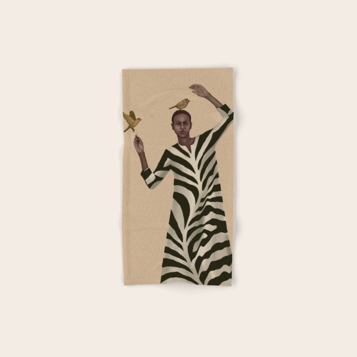 Woman with Birds and Zebra Pattern Dress Bath Towel Gallery Image 1