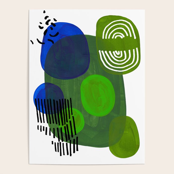 Modern Mid Century Fun Colorful Abstract Minimalist Painting Shapes & Patterns Swamp Monster Greens Poster Gallery Image 1