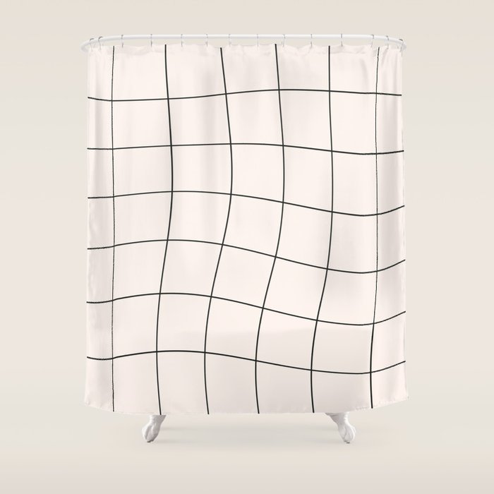 Retro Warped Grid Black and White Shower Curtain Gallery Image 1