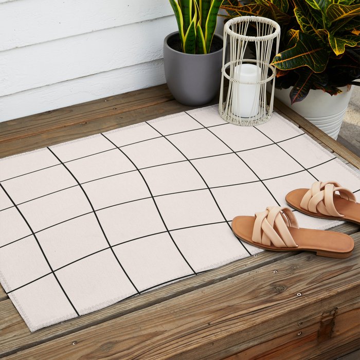 Retro Warped Grid Black and White Outdoor Rug Gallery Image 2