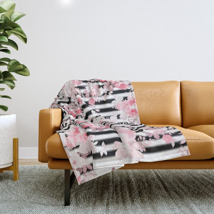 Vintage blush pink floral black white stripes Throw Blanket Gallery Image 1