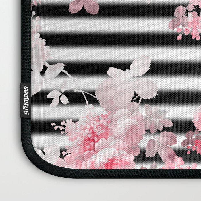 Vintage blush pink floral black white stripes Laptop Sleeve Gallery Image 3