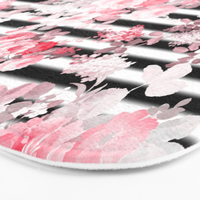 Vintage blush pink floral black white stripes Bath Mat Gallery Image 3