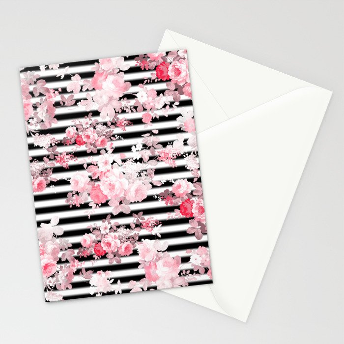 Vintage blush pink floral black white stripes Stationery Card Gallery Image 2