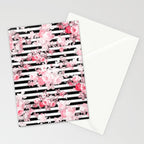 Vintage blush pink floral black white stripes Stationery Card Gallery Image 2