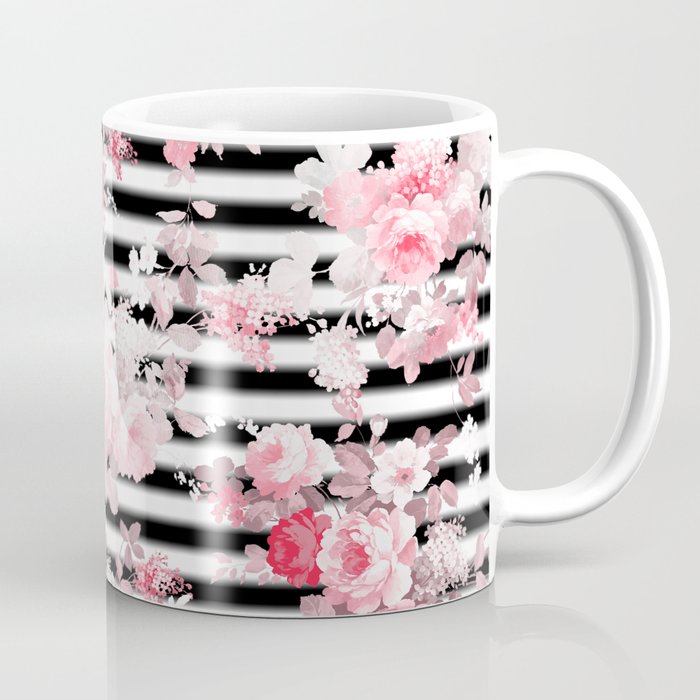 Vintage blush pink floral black white stripes Coffee Mug Gallery Image 1