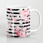 Vintage blush pink floral black white stripes Coffee Mug Gallery Image 1