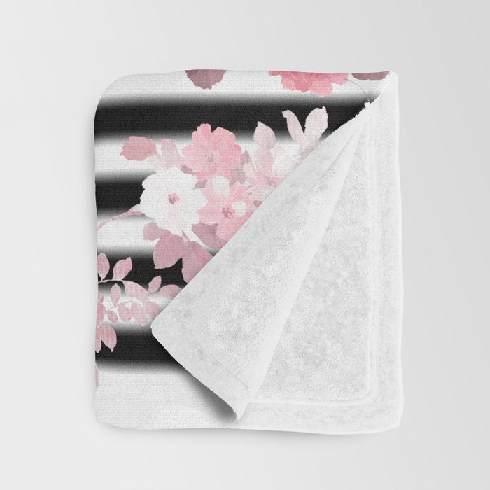 Vintage blush pink floral black white stripes Throw Blanket Gallery Image 3