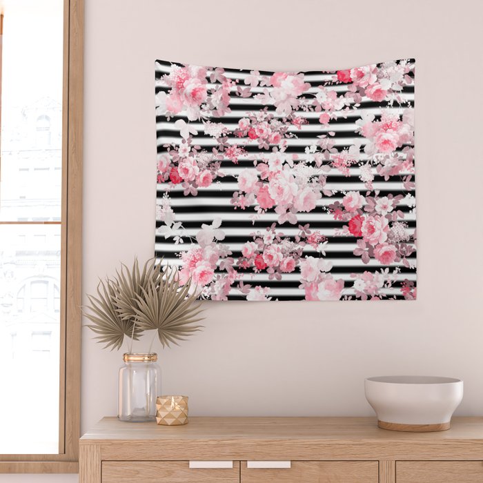Vintage blush pink floral black white stripes Wall Tapestry Gallery Image 2